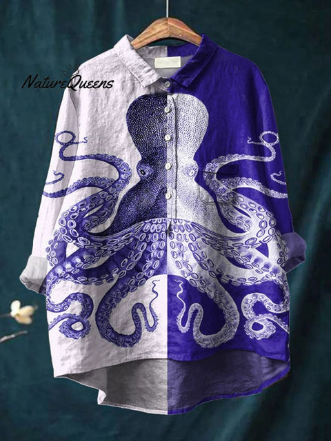 Women's  Octopus  Art Print Casual Cotton And Linen Shirt