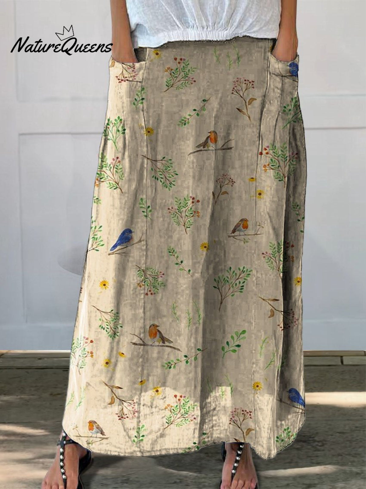 Women’s Retro Floral Birds Art Casual Linen Pocket Skirt