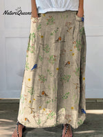 Women’s Retro Floral Birds Art Casual Linen Pocket Skirt