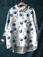 Women's Cute Little Blue Flower Print Casual Cotton And Linen Shirt