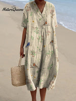 Women’s Boughs And Robin Birds Pattern Printed Flowy Dress Sand / S