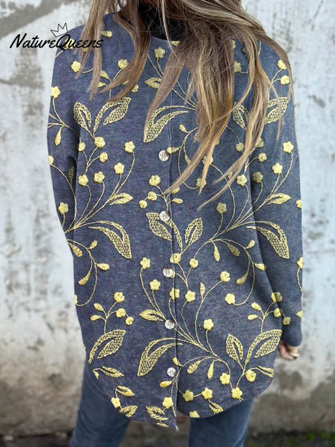 Women's Vintage Lovely Floral Art Print Button Back Casual Knitted Shirt