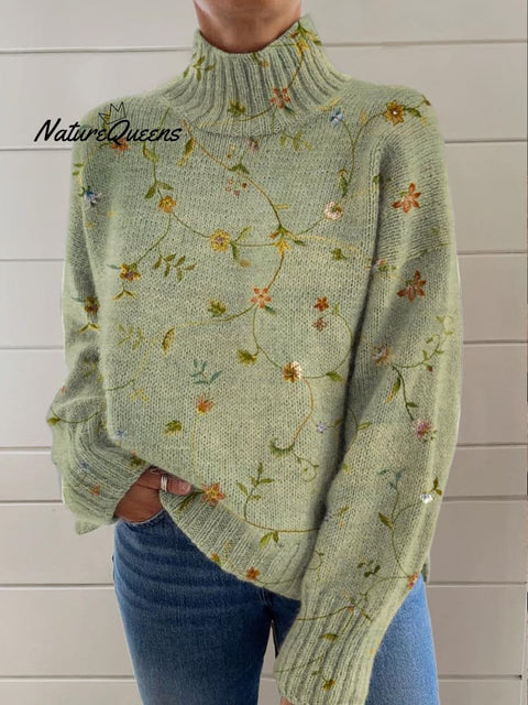 Women's Lovely Floral Art Print Knit Turtleneck Pullover Sweater