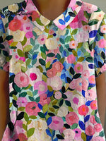 Colorful Spring Floral Garden Printed Women's Casual Cotton And Linen Shirt
