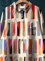 Geometric Block Pattern Printed Women's Casual Cotton And Linen Shirt