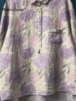 Women's Vintage Floral Art Print Casual Cotton And Linen Shirt