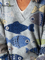 Lovely Fish Art Print Knit V-neck Pullover Sweater