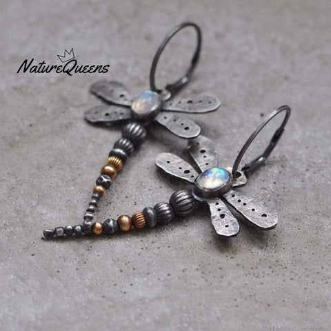 Round Moonstone Dragonfly Earrings
