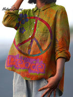 Women's Rainbow Color Retro Gradient Peace Sign Print Casual Cotton And Linen Shirt