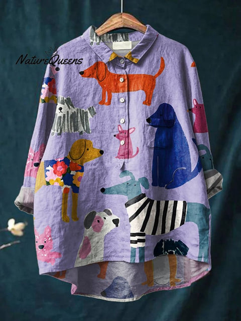 Women's Dog  Art Print Casual Cotton And Linen Shirt