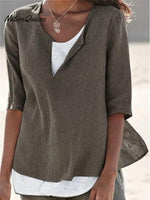Women's Solid Color Loose Elegant Casual Cotton And Linen Mid-sleeve Shirt