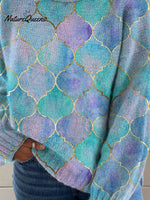 Abstract Geometric Pattern Art Print Knit Turtleneck Pullover Sweater
