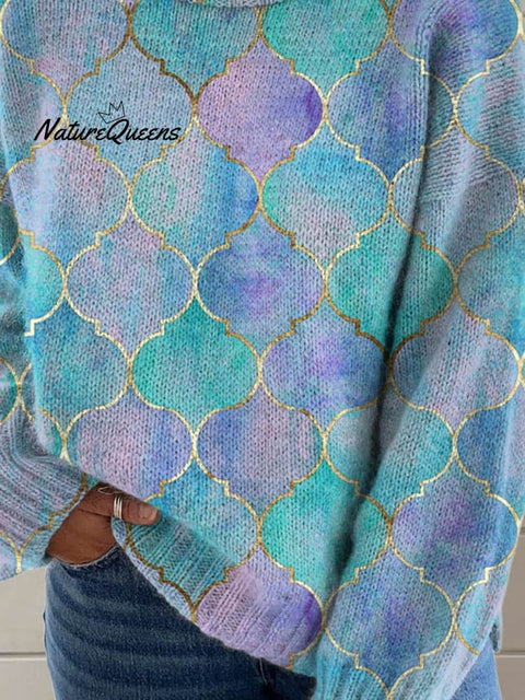 Abstract Geometric Pattern Art Print Knit Turtleneck Pullover Sweater