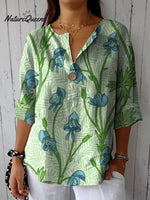 Women's Flower Print Casual Cotton Linen Shirt