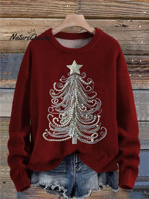 Christmas Tree Jewelry Art Pearls Print Knit Pullover Sweater