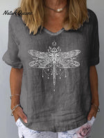 Dragonfly Art Print Casual Cotton And Linen Shirt Grey / S