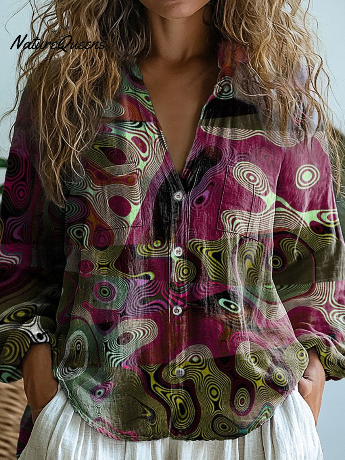 Abstract Shape And Line Pattern Printed Women's Casual Long Sleeve Comfortable Cotton Shirt