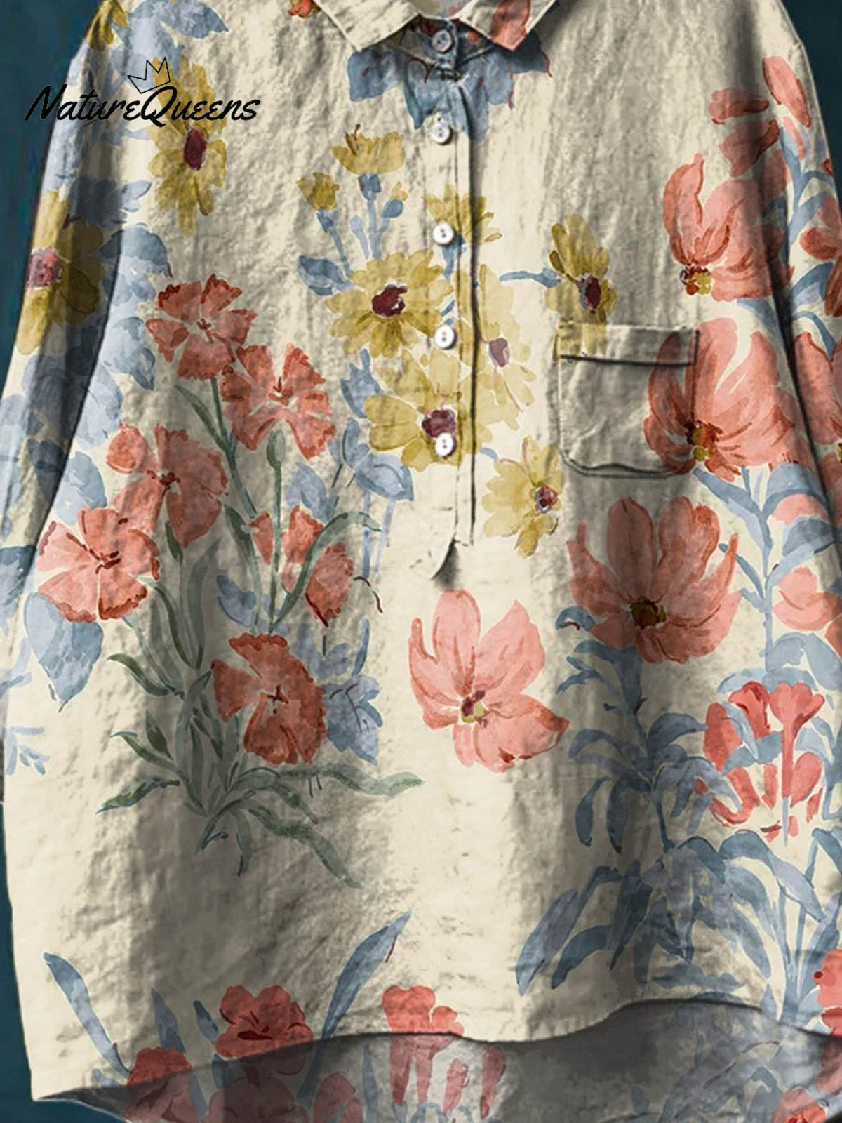Women's Vintage Floral Art Print Casual Cotton And Linen Shirt