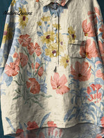 Women's Vintage Floral Art Print Casual Cotton And Linen Shirt