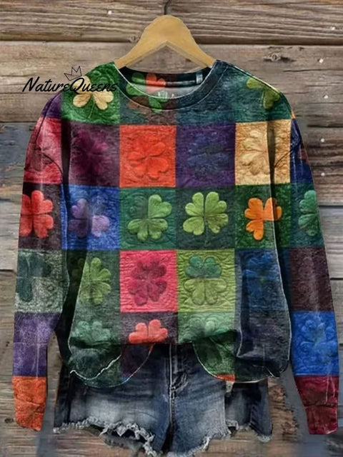 St. Patrick'S Day Retro  Gradient Lucky Clover Print Casual  Sweatshirt