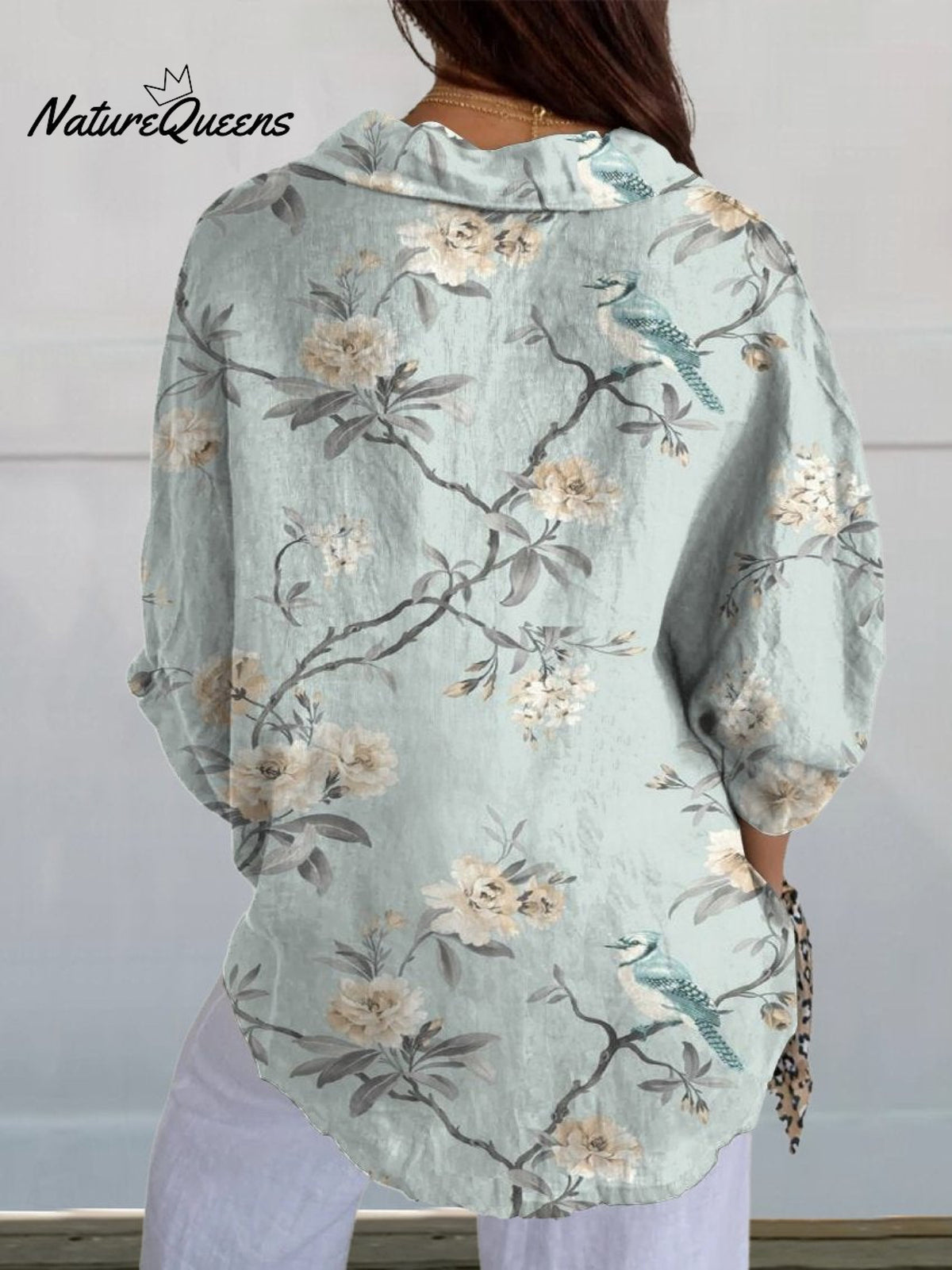 Women's Retro White Floral Print On Light Blue Background Casual Linen V-neck Shirt
