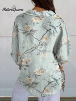 Women's Retro White Floral Print On Light Blue Background Casual Linen V-neck Shirt