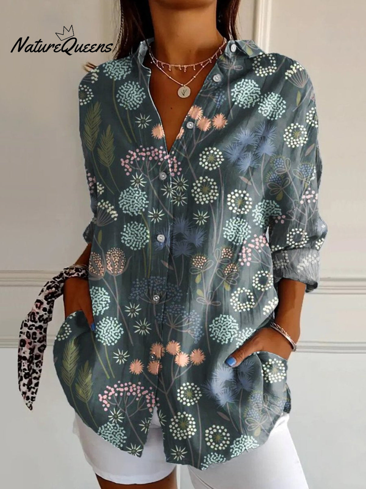 Women'sFlower Art Print Casual Cotton Shirt