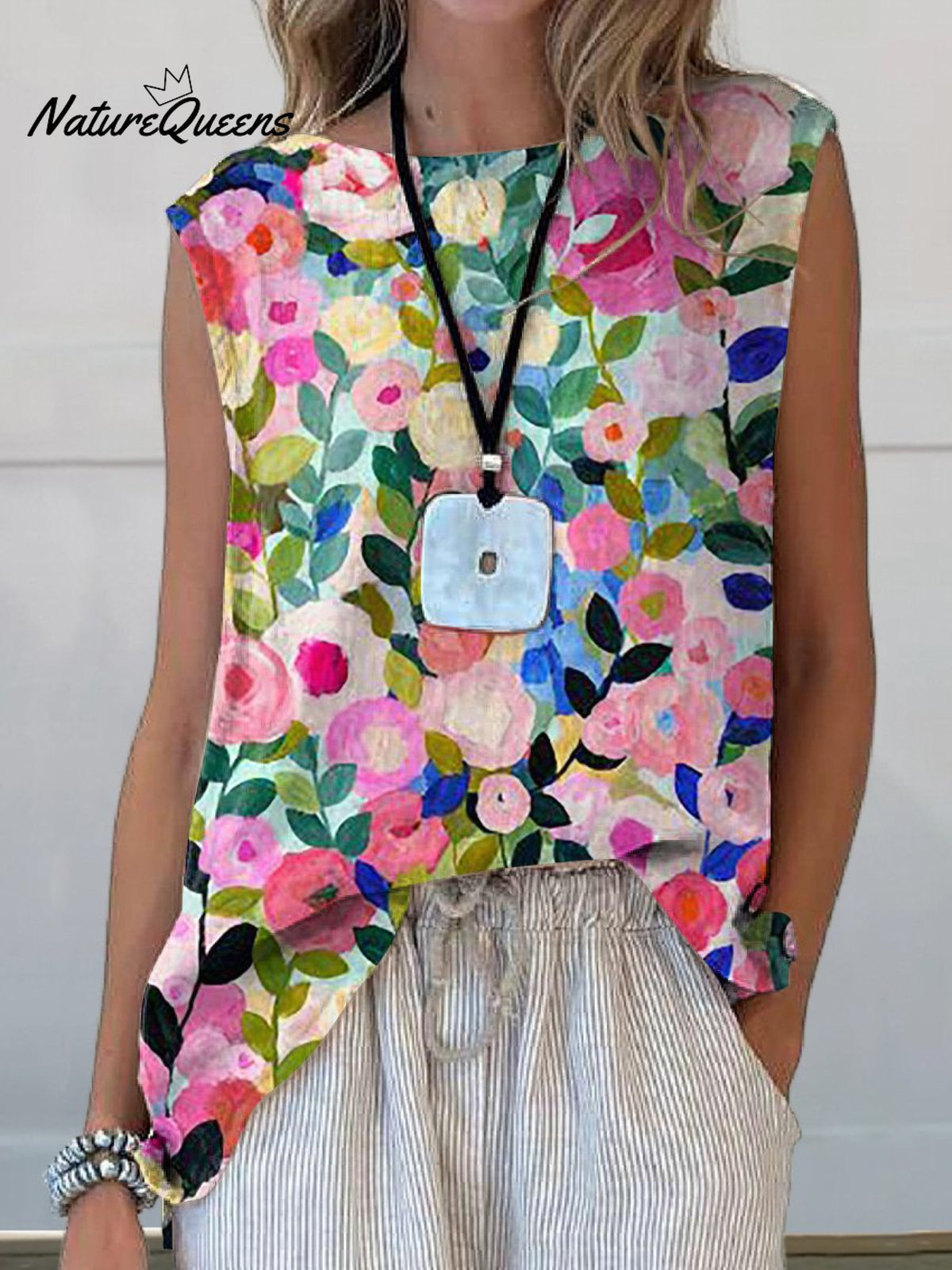 Colorful Spring Floral Garden Printed Women's Casual Cotton And Linen Tank Top