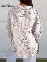 Women's Colorful Elegant Wildflower Print Casual Linen V-neck Shirt