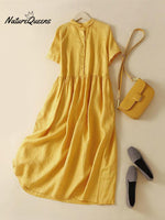 Women’s Cotton And Linen Short Sleeve Solid Color Casual Shirt Dress Yellow / S