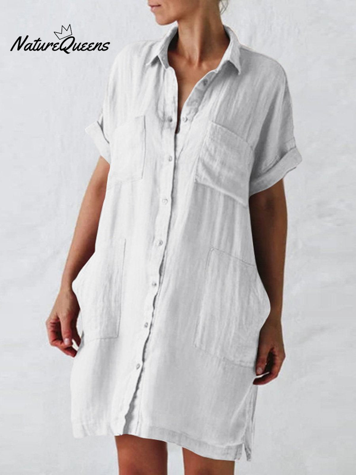 Women's Cotton And Linen Short Sleeve Irregular Pockets Shirt Dress