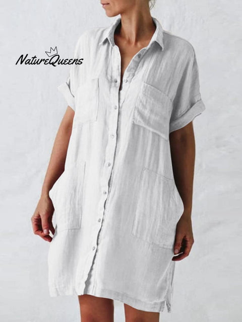 Women's Cotton And Linen Short Sleeve Irregular Pockets Shirt Dress