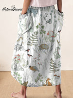 Woodland And Animal Pattern Printed Women’s Linen Pocket Skirt