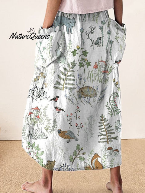 Woodland And Animal Pattern Printed Women’s Linen Pocket Skirt