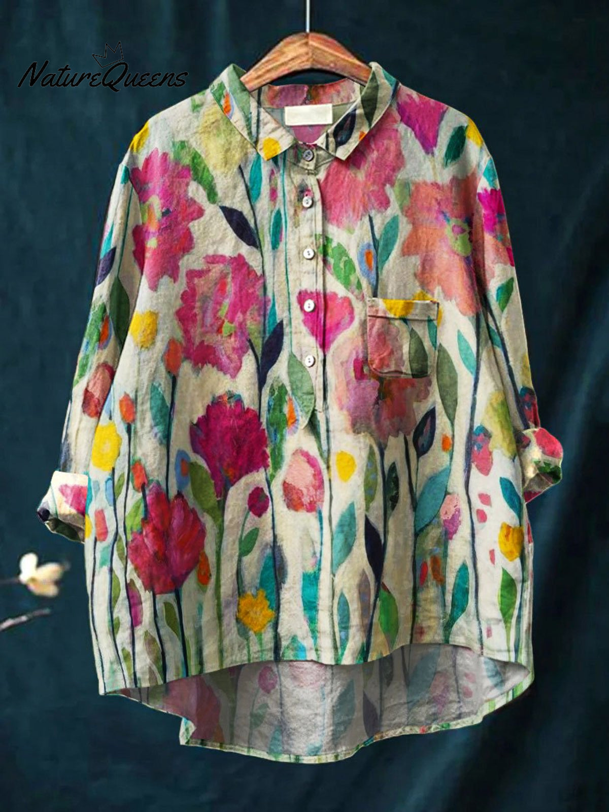 Women's Vintage Flower Art Print Casual Cotton And Linen Shirt