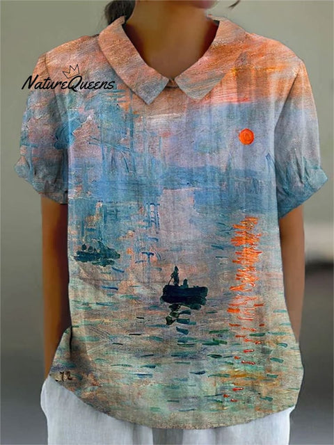 Women's Oil Painting Art Print Casual Cotton And Linen Shirt