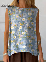 Blooming Daisy Field Pattern Printed Women's Casual Cotton And Linen Tank Top