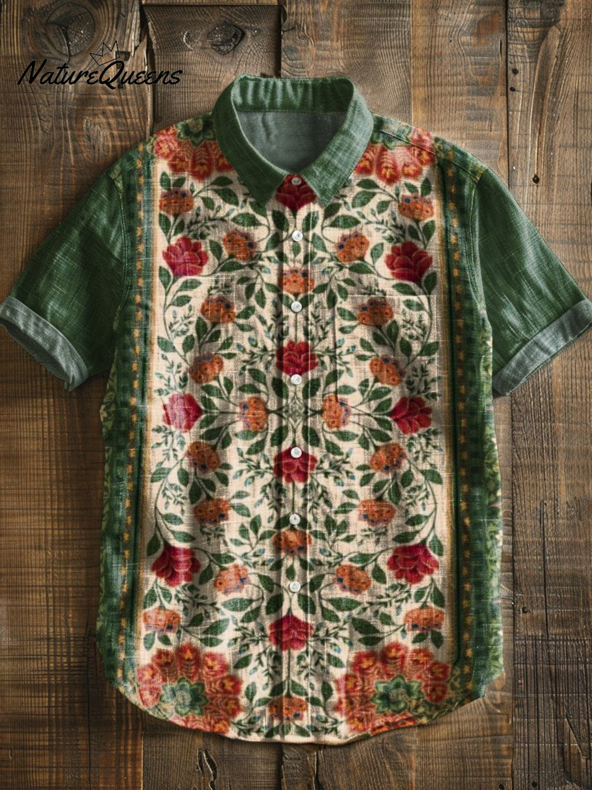 Flower Splicing Vintage Art Print Casual 100% Cotton Shirt