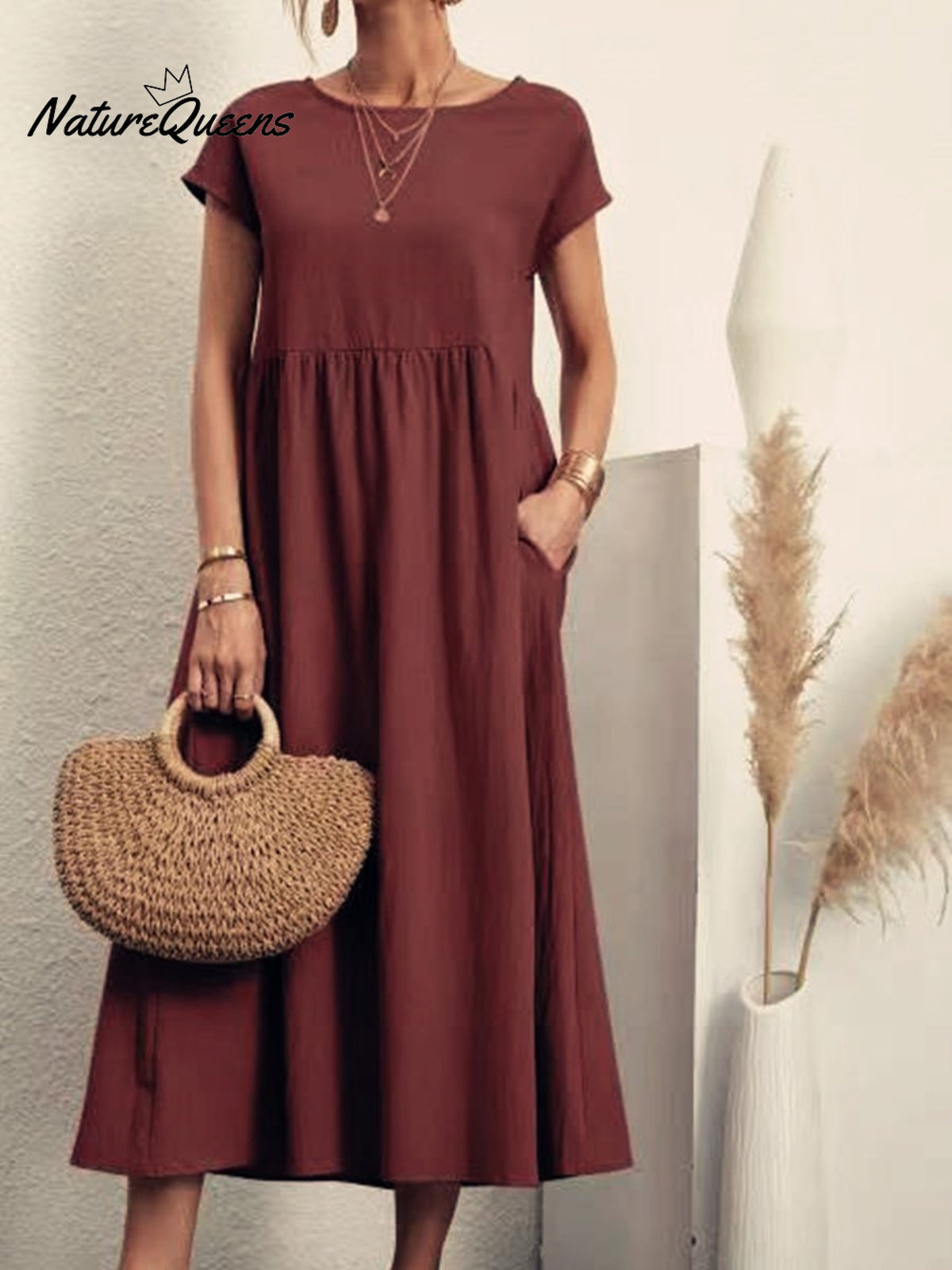 Women’s Solid Color Cotton Linen Round Neck A - Line Dress Claret / S