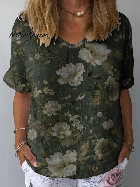 Dark Green Floral Print Women’s Casual Cotton And Linen Shirt Multicolor / S