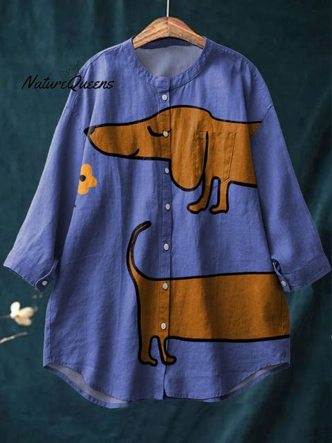 Women's Cute Dachshund Floral Art Print Casual Cotton And Linen Shirt