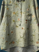 Women's Vintage Floral Art Print Casual Cotton And Linen Shirt