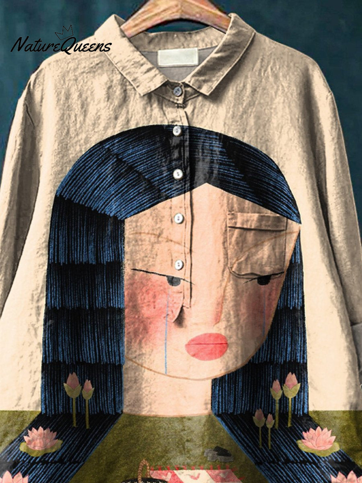 Lotus Lady Art Printed Women's Casual Cotton And Linen Shirt