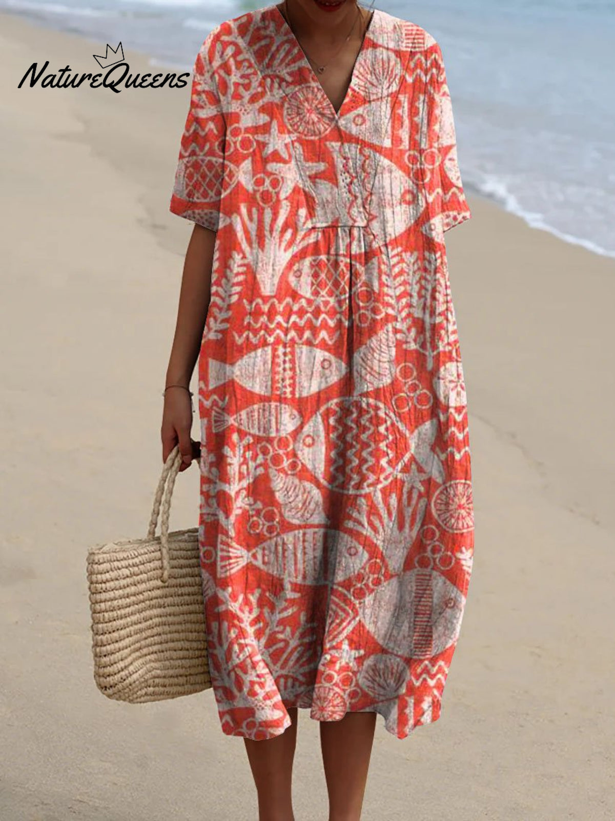 Women's Vintage Lovely Fish Art Print Flowy Dress