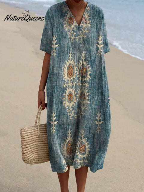 Women's Vintage Floral Ethnic Art Print Casual Flowy Dress
