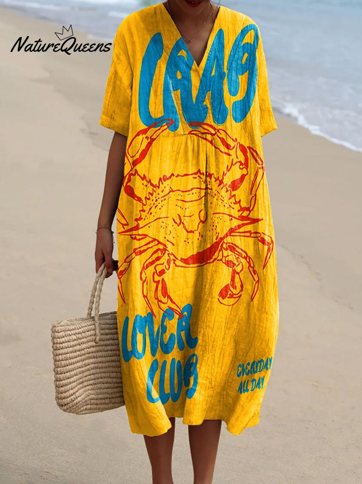 Women's Vintage Fish Crab Art Print Flowy Dress