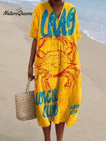 Women's Vintage Fish Crab Art Print Flowy Dress
