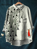 Vintage Lovely Fish Art Print Casual Cotton And Linen Shirt
