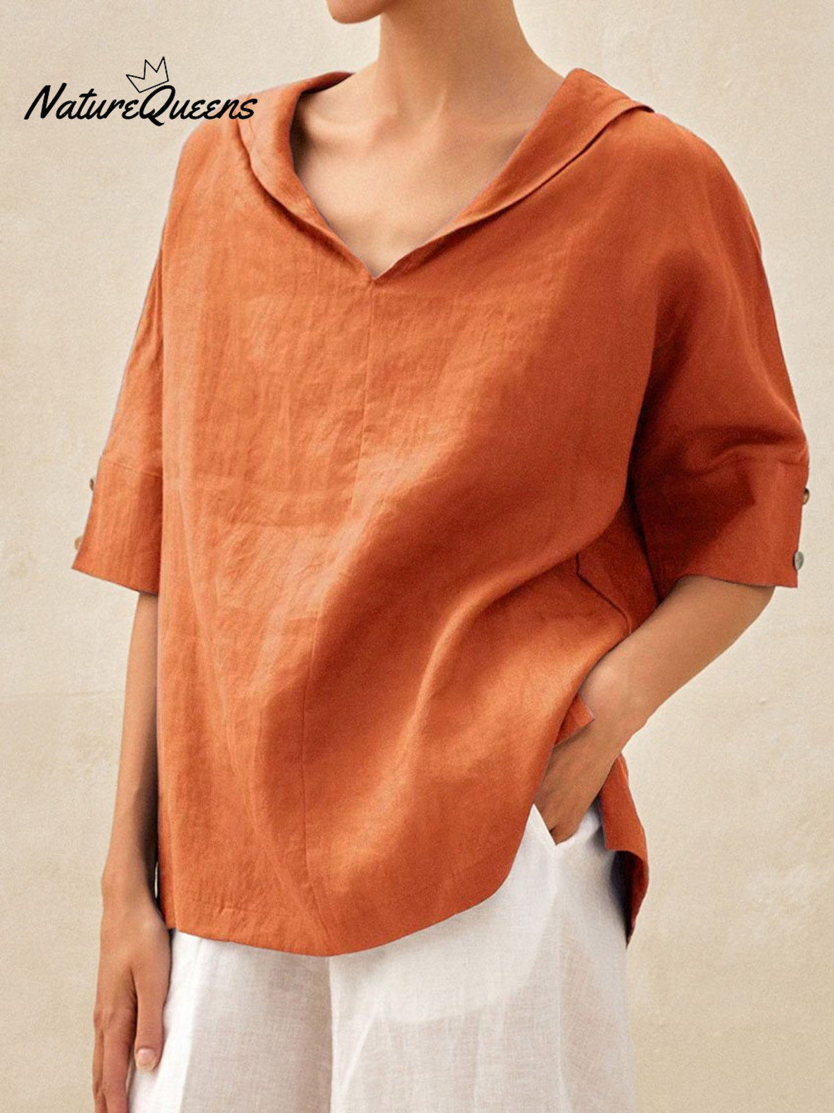 Women’s Casual Linen V-Neck Shirt Orange / S
