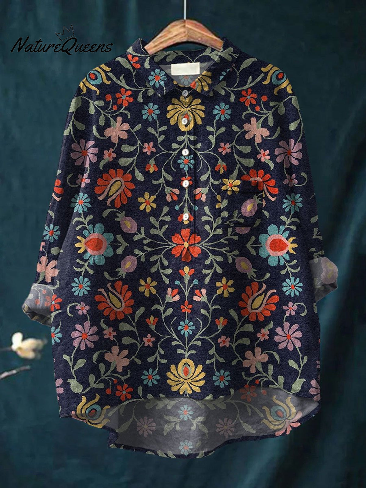 Women's Vintage Flower Art Print Casual Cotton And Linen Shirt